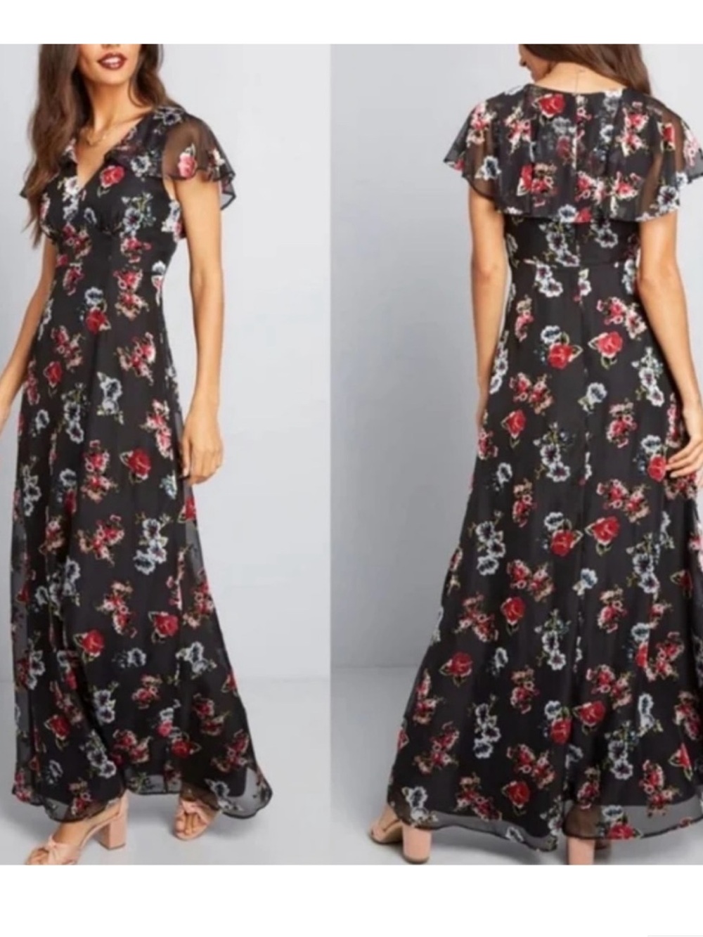 Modcloth‎ x Anna Sui Flutter Cape Velvet Burnout Floral Maxi Dress Size 8
